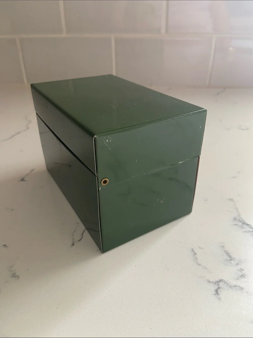 Vintage Green Metal Recipe Box with Dividers and Recipe Cards